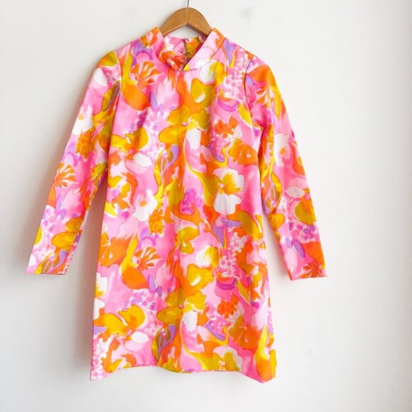 Vintage 60s Acid Pink Mod Long Sleeve Mini Dress M - Picture 3 of 6